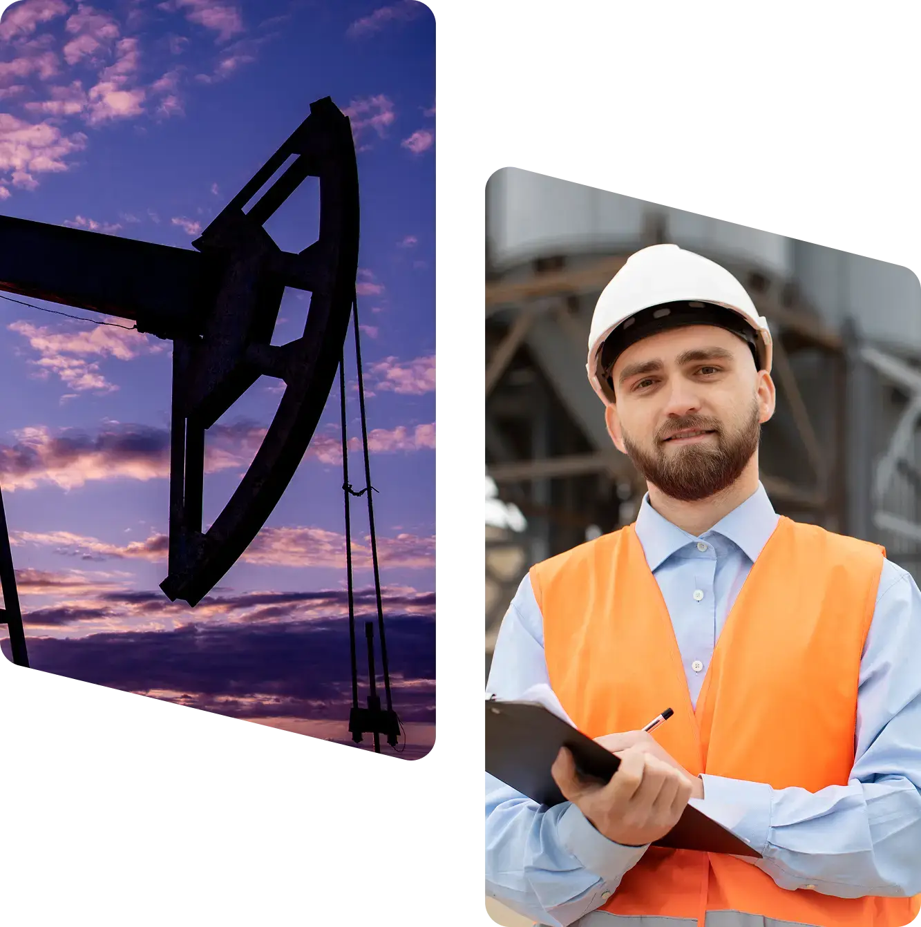 Martillo de petroleo e ingeniero con casco